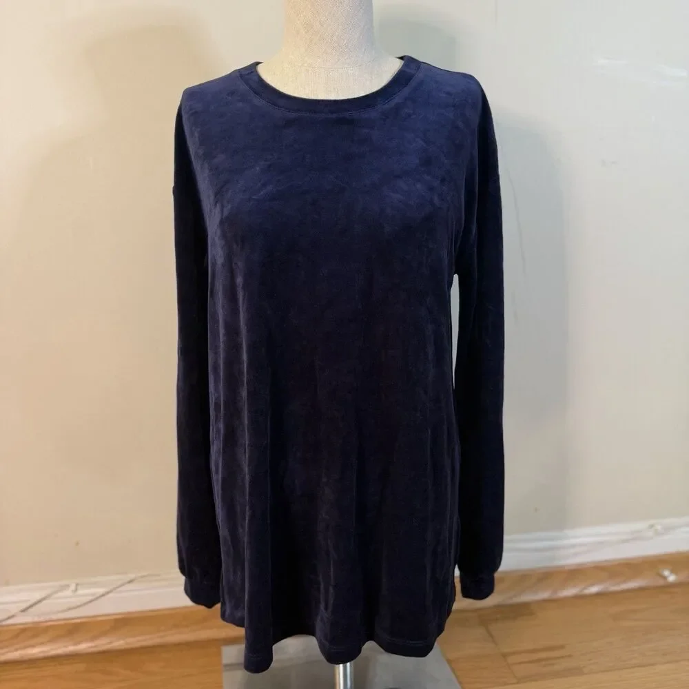 Hanro $180 Long Sleeve Velour Sleepshirt Intense Blue XS Pullover Favorites Cozy